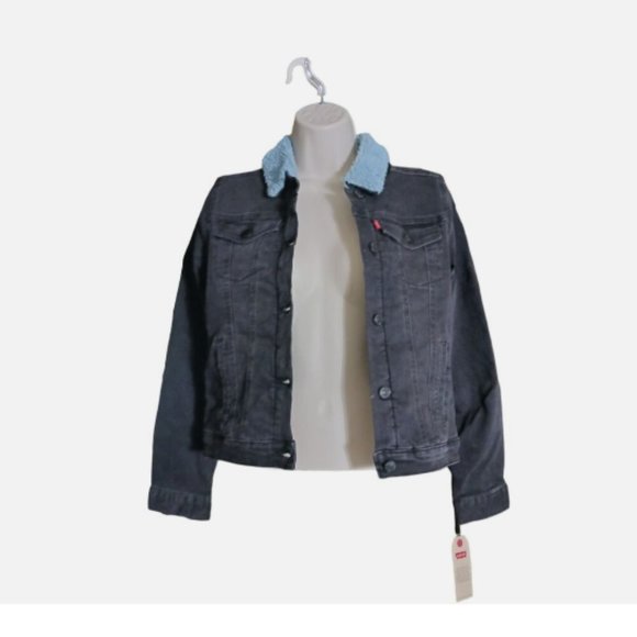 Levi's Trucker Black Jean Denim Jacket Fleece Sherpa Lined Girls 12-13 Size L - Picture 2 of 9